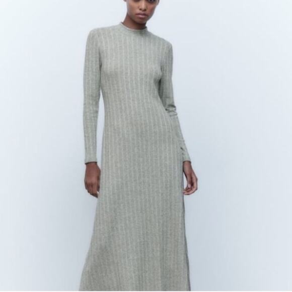 Zara Gray Marl Knit Midi Dress Long Sleeve Mock Neck A-Line Ribbed Jersey - Picture 8 of 11
